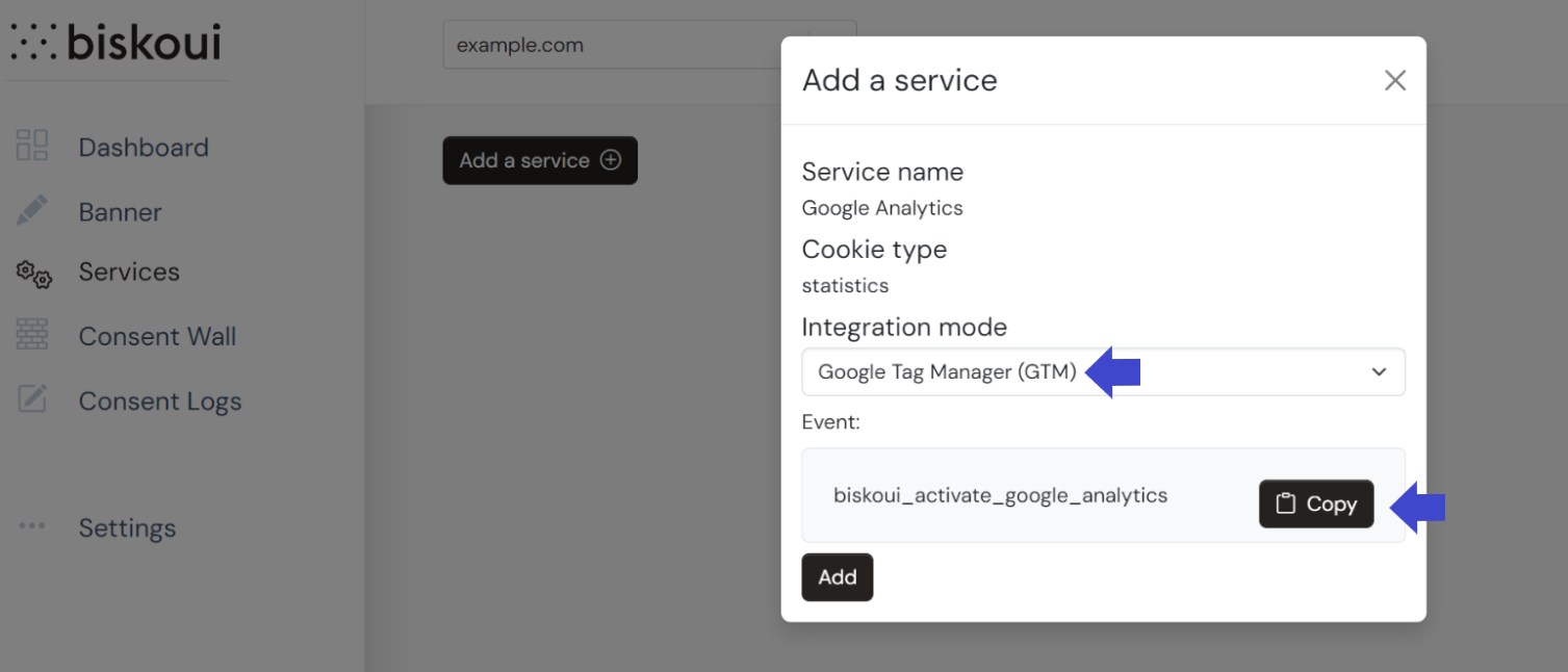 Sélection du mode d'intégration Google Tag Manager dans biskoui