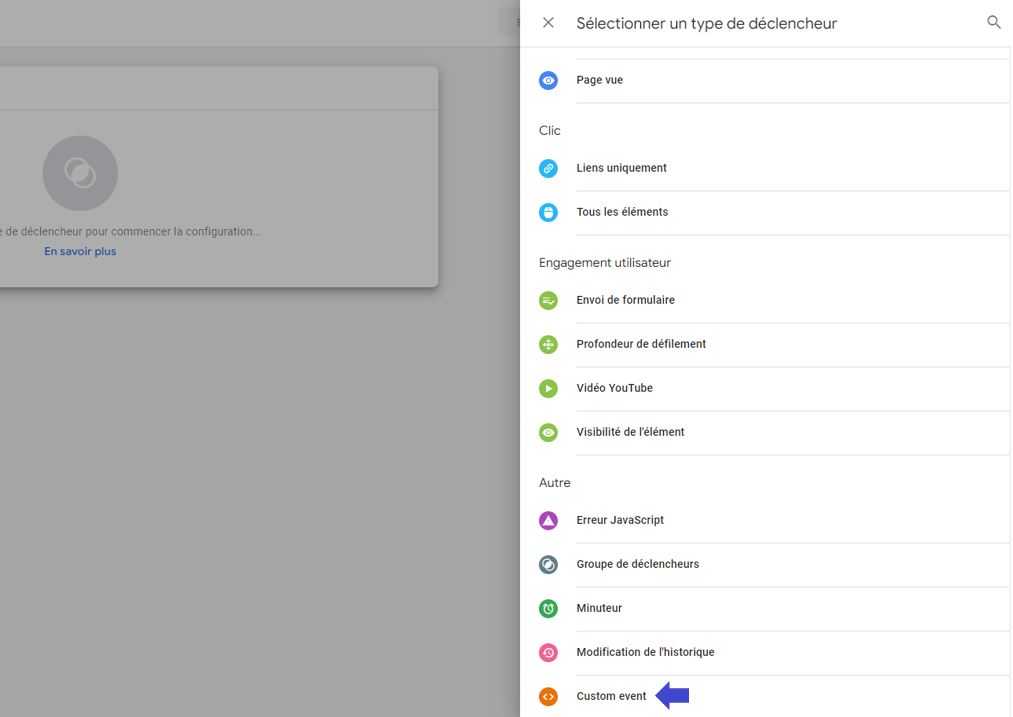 Sélection du type déclencheur événement personnalisé dans GTM