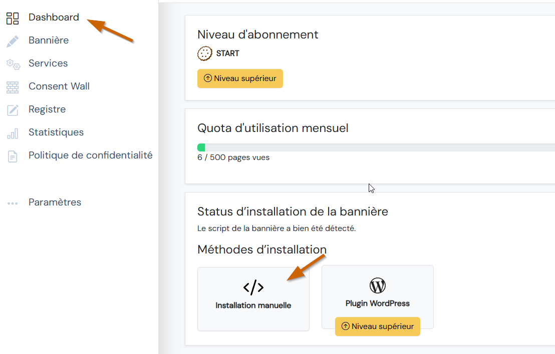 biskoui dashboard - Consent banner installation script
