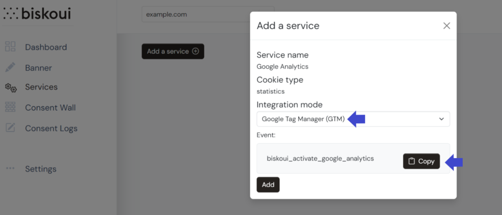 Screenshot d'instructions pour l'integration de la consent management platform biskoui avec Google Tag Manager